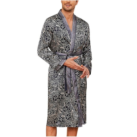 Holiday Clearance! ZVNAΖH Mens Satin Robe Lightweight Silky Kimono Bathrobe Long Sleeve Vintage Print Loungewear
