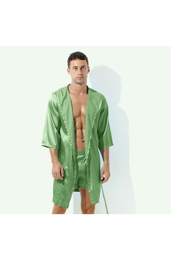 Holiday Clearance! ZVNAΖH Mens Satin Robe Silky Bathrobe Lightweight Sleepwear Luxurious Pyjama Set Hooded Nightgown