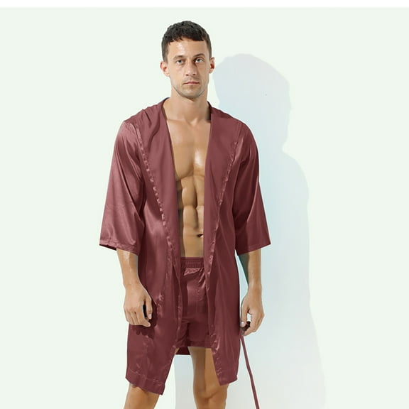 Holiday Clearance! ZVNAΖH Mens Satin Robe Silky Bathrobe Lightweight Sleepwear Luxurious Pyjama Set Hooded Nightgown