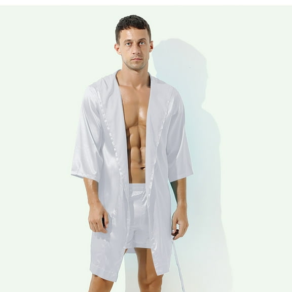 Holiday Clearance! ZVNAΖH Mens Satin Robe Silky Bathrobe Lightweight Sleepwear Luxurious Pyjama Set Hooded Nightgown