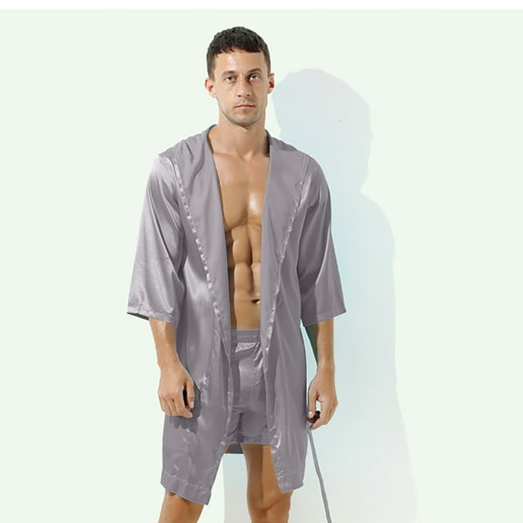 Holiday Clearance! ZVNAΖH Mens Satin Robe Silky Bathrobe Lightweight Sleepwear Luxurious Pyjama Set Hooded Nightgown