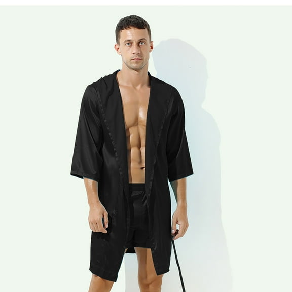 Holiday Clearance! ZVNAΖH Mens Satin Robe Silky Bathrobe Lightweight Sleepwear Luxurious Pyjama Set Hooded Nightgown