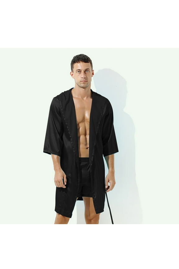 Holiday Clearance! ZVNAΖH Mens Satin Robe Silky Bathrobe Lightweight Sleepwear Luxurious Pyjama Set Hooded Nightgown
