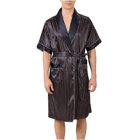 Holiday Clearance! ZVNAΖH Mens Silk Robe Short Sleeve Belted Kimono Bathrobe Satin Sleepwear Loungewear with Pockets