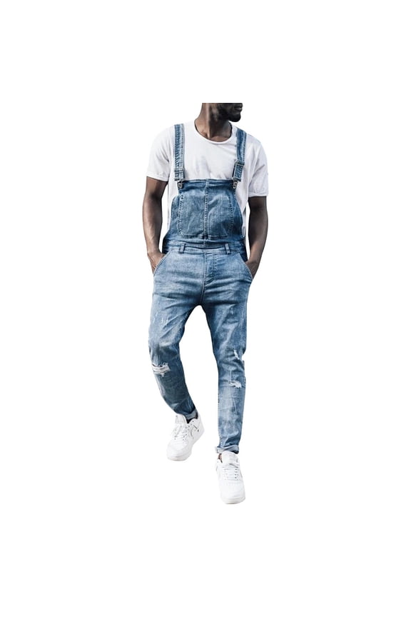 Holiday Clearance! ZVNAΖH Ripped Denim Overalls for Men Adjustable Straps Straight Pants Slim Fit Casual Jean Jumpsuit with Pockets