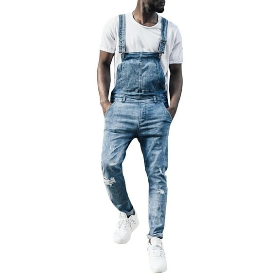 Holiday Clearance! ZVNAΖH Ripped Denim Overalls for Men Adjustable Straps Straight Pants Slim Fit Casual Jean Jumpsuit with Pockets