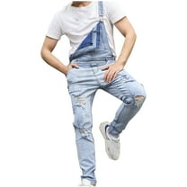Holiday Clearance! ZVNAΖH Ripped Denim Overalls for Men Fashion Slim Fit Jumpsuit with Pockets Workwear with Adjustable Straps