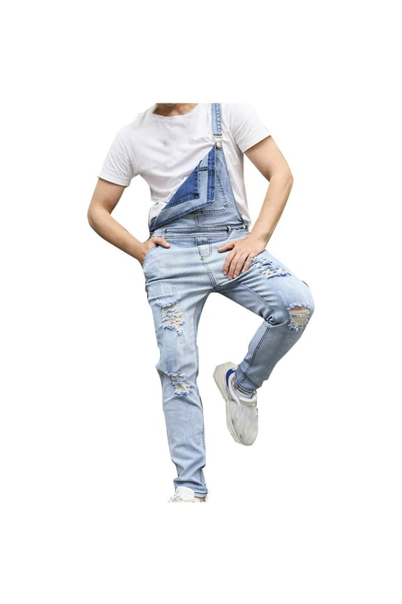 Holiday Clearance! ZVNAH Ripped Denim Overalls for Men Fashion Slim Fit Jumpsuit with Pockets Workwear with Adjustable Straps
