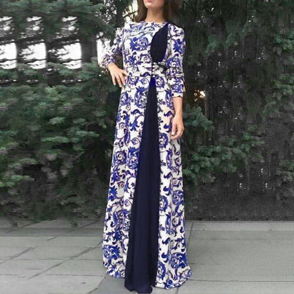 chinese dress ladies Provence Bloom Long Sleeve Maxi Dress Floral Blue Selfie Leslie