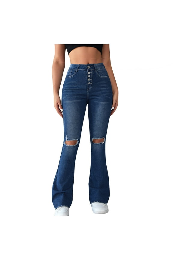 Holiday Clothing Aueoeo Women's Flare Jeans Ripped High Waisted Slim Jeans Stretchy Denim Curvy Denim Pants L Blue