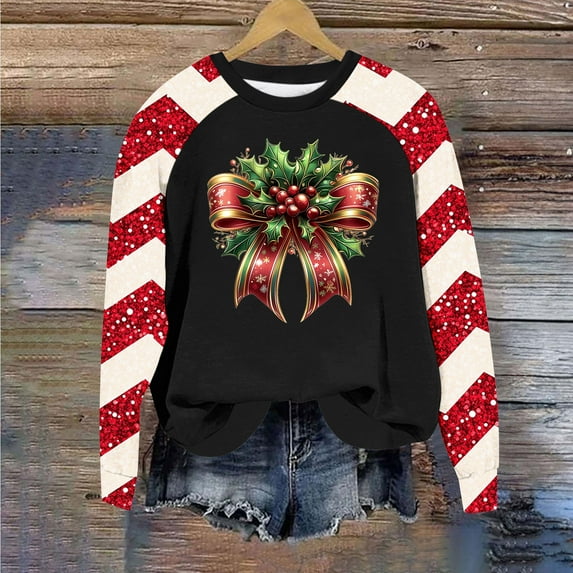 Holiday Clothing Aueoeo Womens Merry Christmas Sweatshirt Graphic Print Shirt Long Sleeve Xmas Gift Party Pullover Tops Black L
