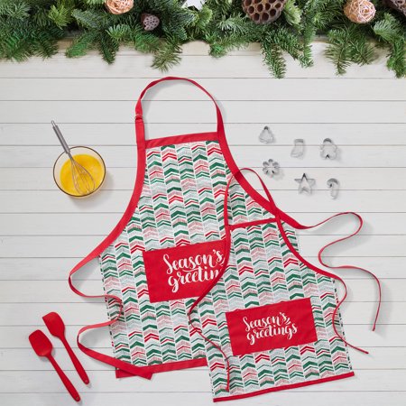 Holiday Collection Season’s Greetings 2-Piece Polycotton Adult and Kids Apron Set, Multi