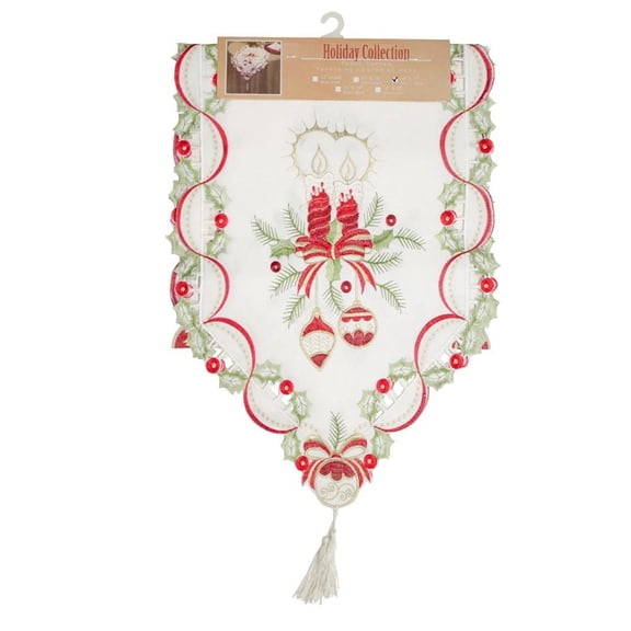 Holiday Collection White Table Runner, 16"x70", Embroidered Christmas Ornaments