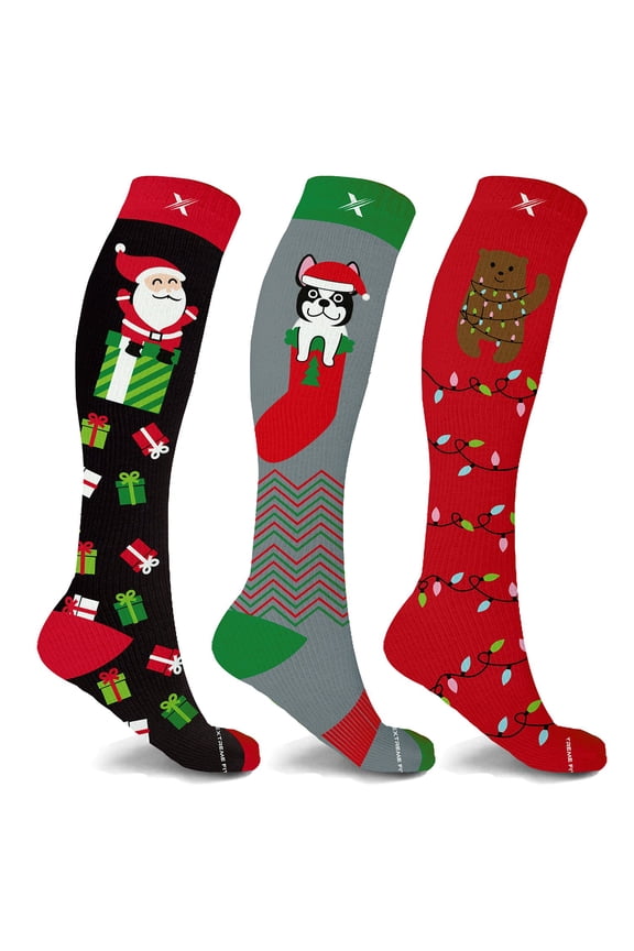 Holiday Compression Socks - Knee High Performance Socks for Running, Athletics, Travel, and Pregnancy - Improved Circulation & Support for Men and Women - 3 Pair