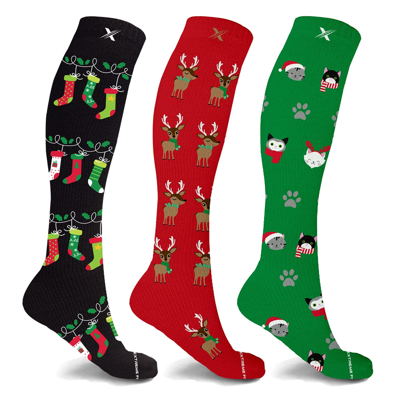 Holiday Compression Socks - Knee High Performance Socks for Running, Athletics, Travel, and Pregnancy - Improved Circulation & Support for Men and Women - 3 Pair