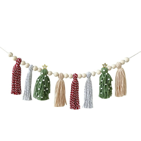 Holiday Cotton Woolen Tassels Banners with Beads for Christmas Tree and Mantel Decors Wall Bunting Garlands