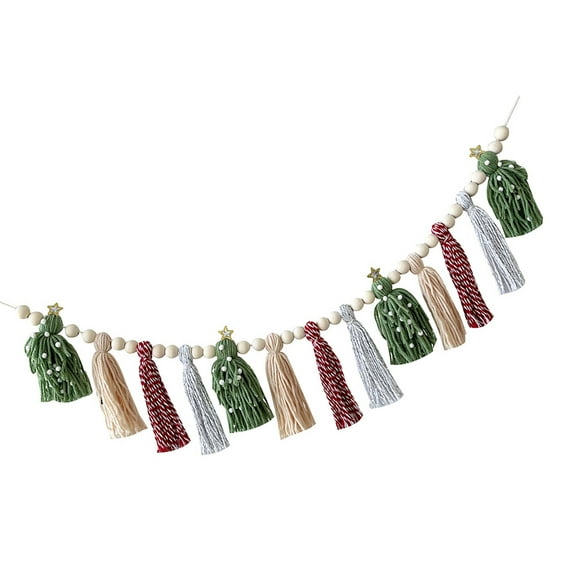 Holiday Cotton Woolen Tassels Banners with Beads for Christmas Tree and Mantel Decors Wall Bunting Garlands