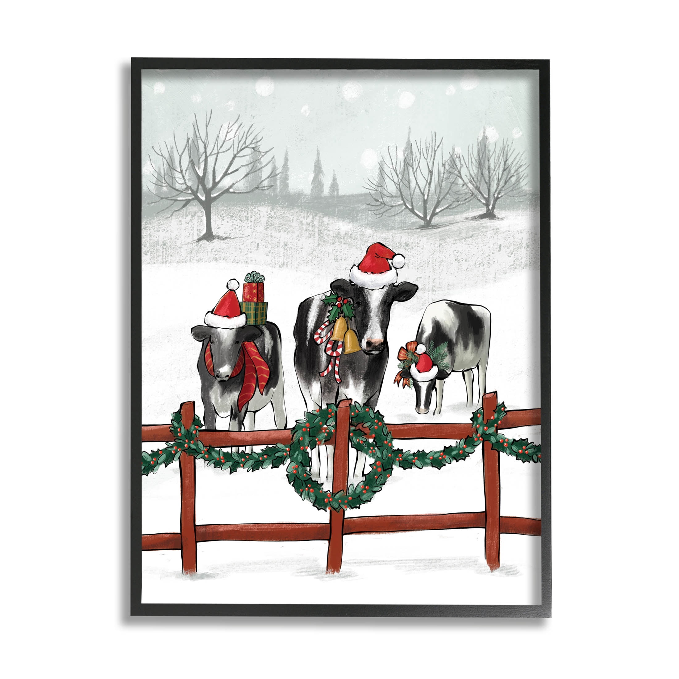 Holiday Cows Farmland Fence Holiday Graphic Art Black Framed Art Print Wall Art