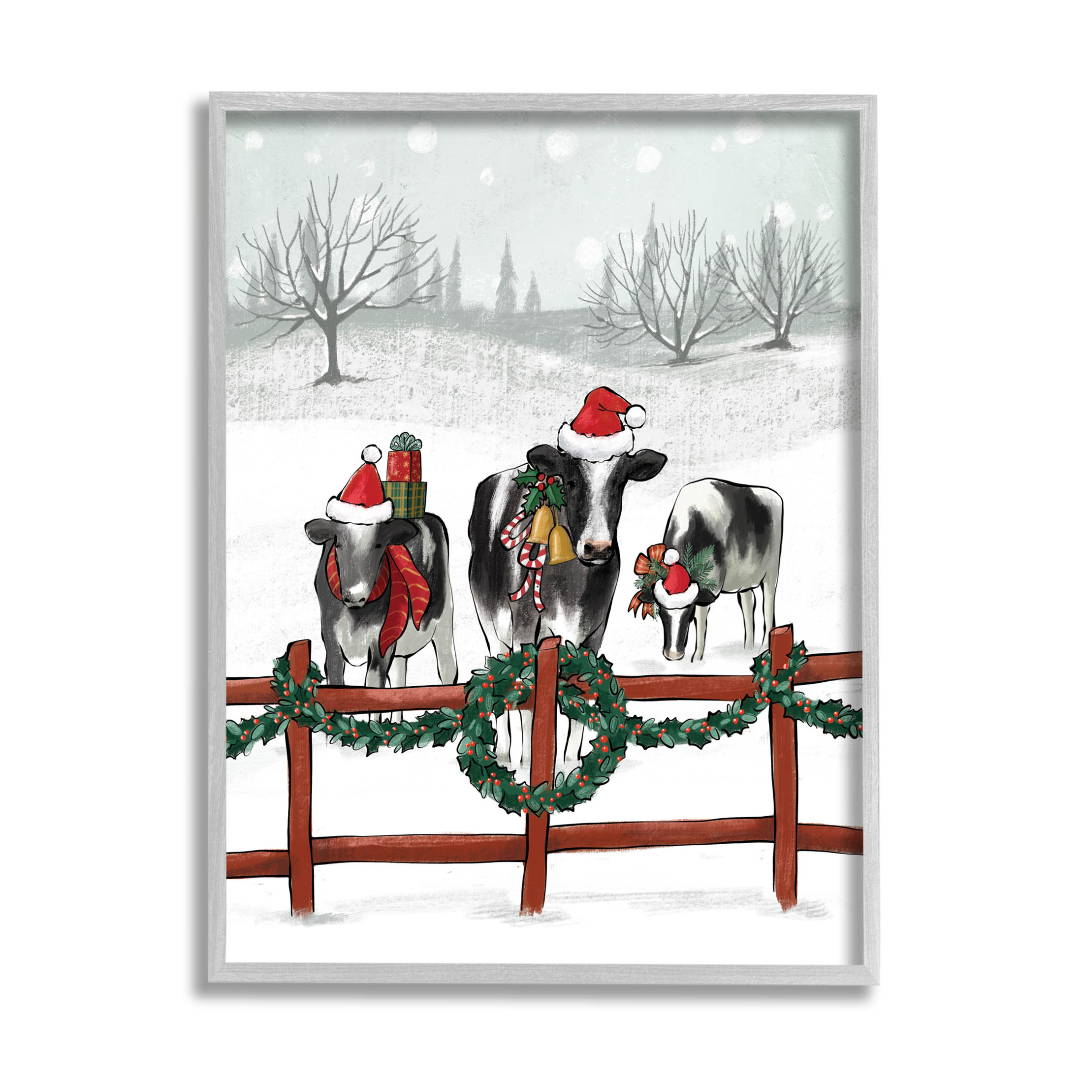 Holiday Cows Farmland Fence Holiday Graphic Art Gray Framed Art Print Wall Art