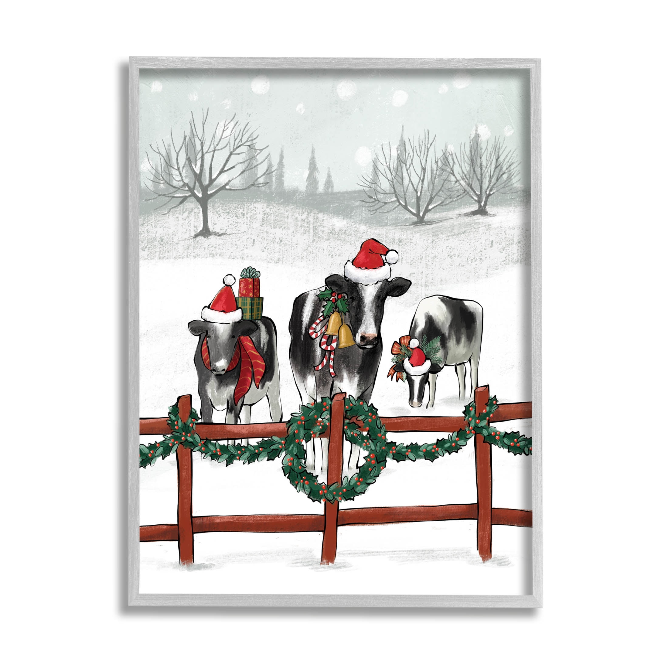 Holiday Cows Farmland Fence Holiday Graphic Art Gray Framed Art Print Wall Art
