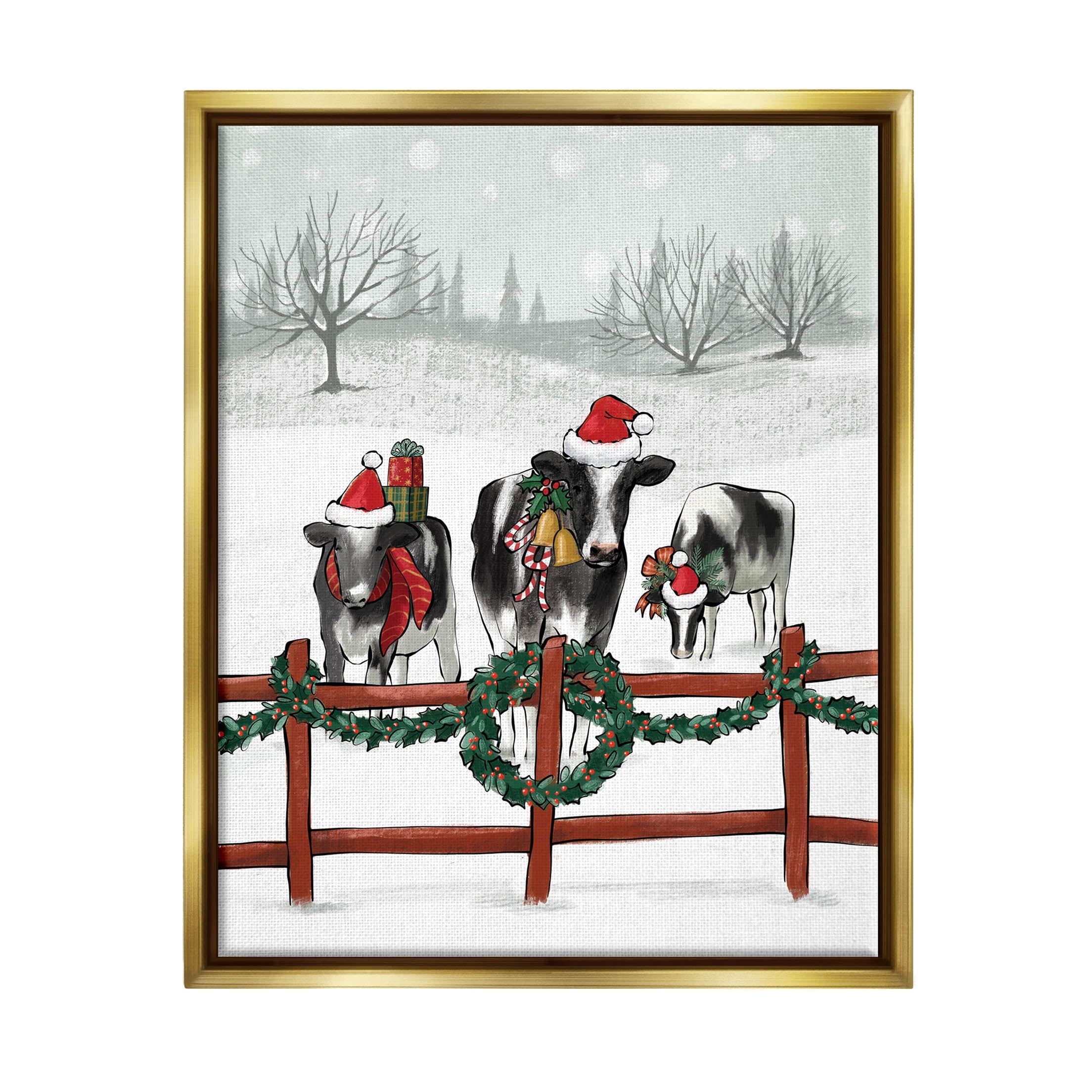 Holiday Cows Farmland Fence Holiday Graphic Art Metallic Gold Framed Art Print Wall Art