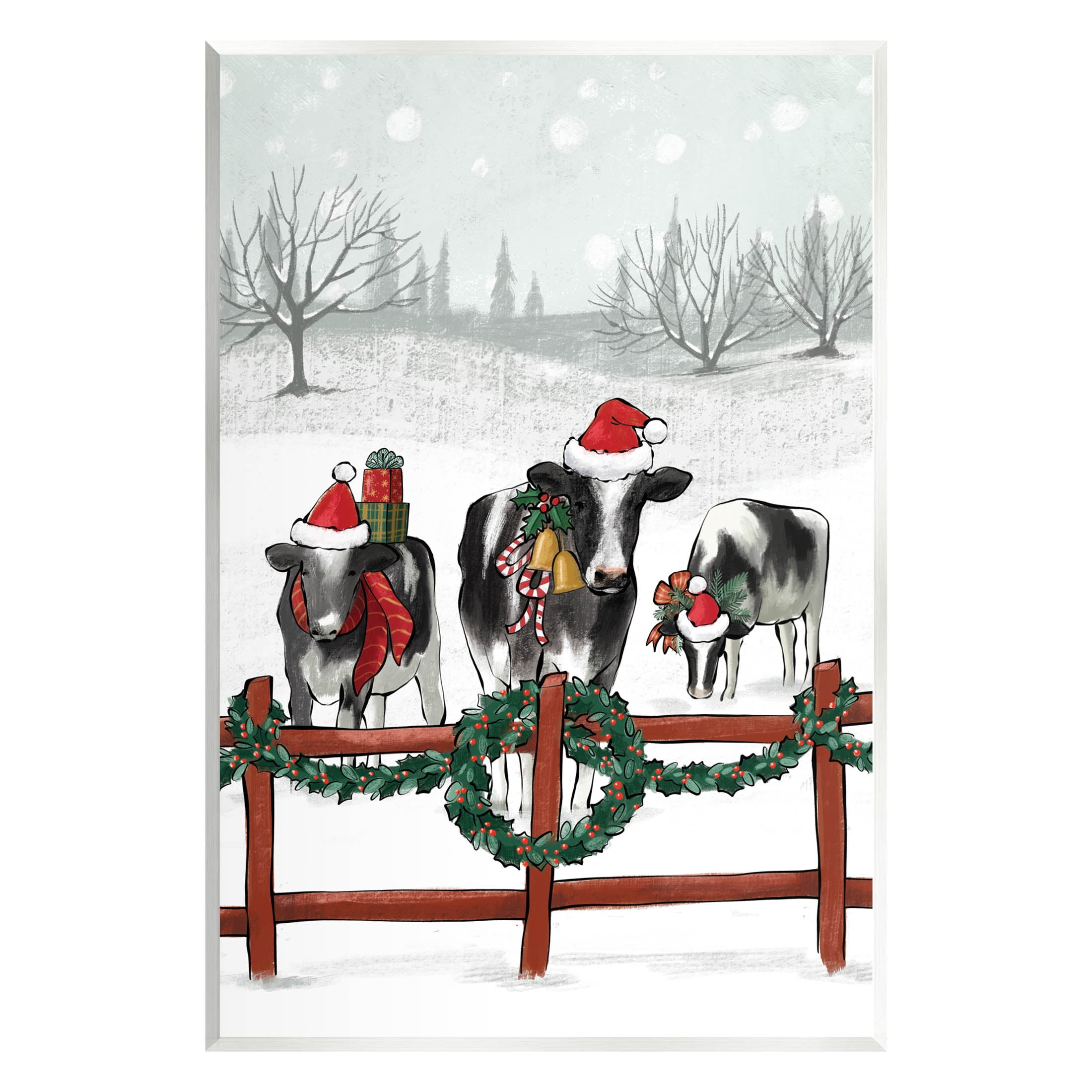 Holiday Cows Farmland Fence Holiday Graphic Art Unframed Art Print Wall Art