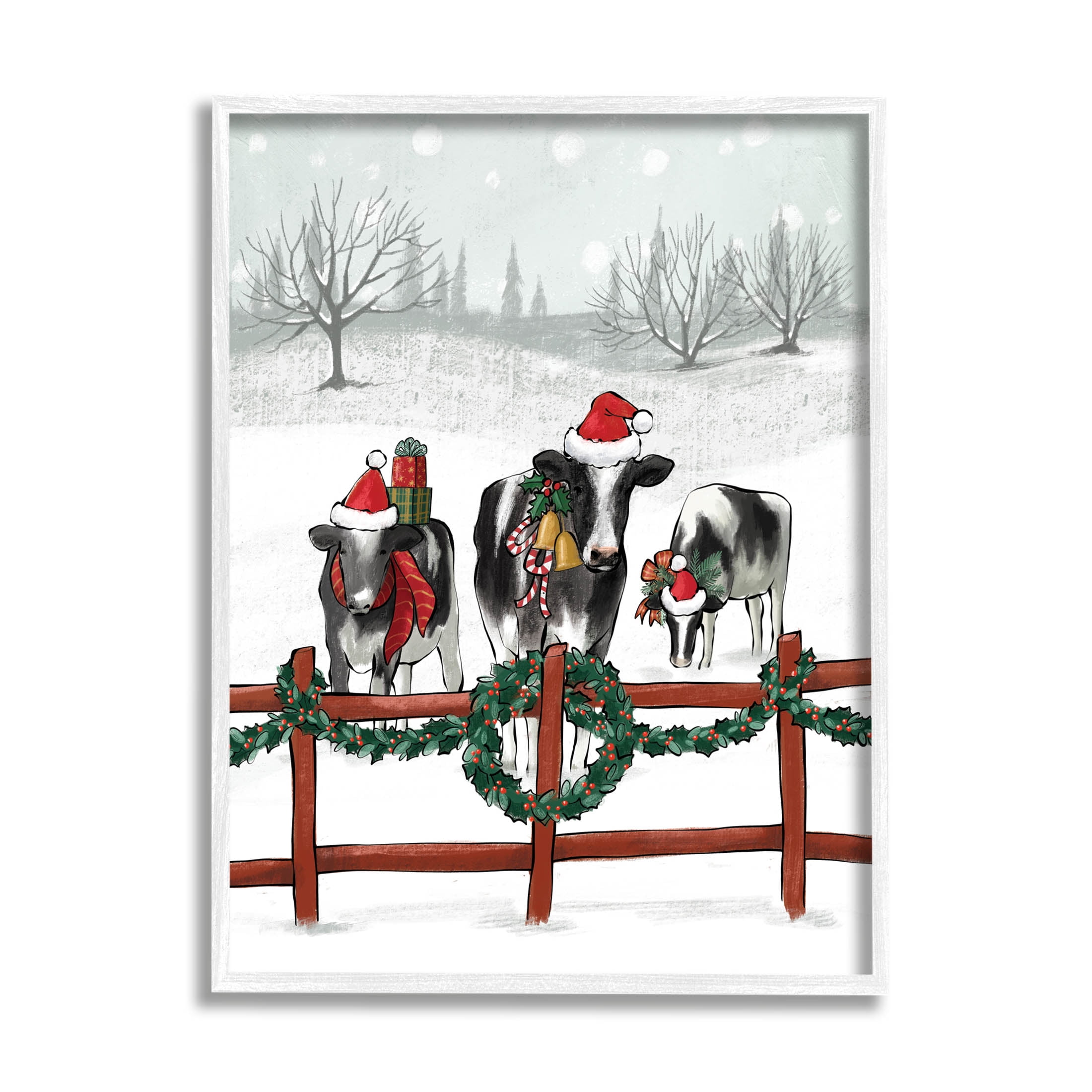 Festive Christmas Cows Print on Canvas with White Frame