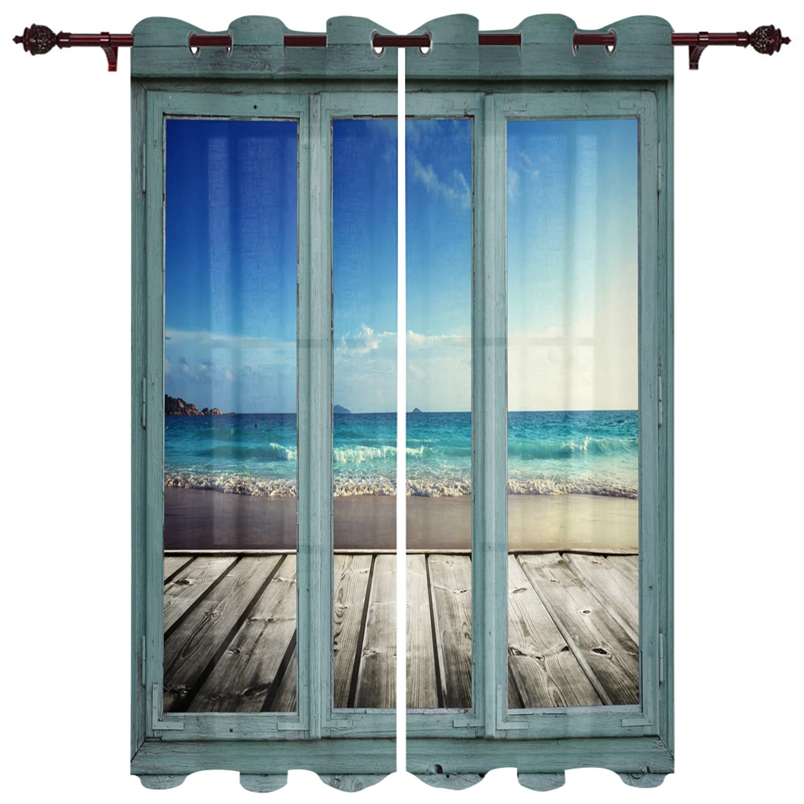 Holiday Curtains Wooden Window with Seascape Ocean Curtains for Bedroom