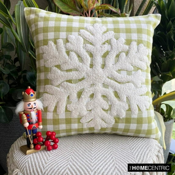 Holiday Décor Throw Pillow cover, 18"x18" Green Cotton Cushion Cover, Country & Farmhouse Checkered & Stiped Handmade Pillow Cover For Sofa Couch, Hotels, living Room, Bed Room - Snowdust Flake