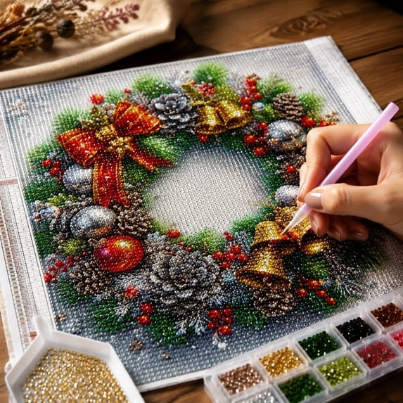 Holiday DIY 5D Rhinestone Diamond Painting, Ornament‑Filled Christmas Wreath Art Canvas, Merry Christmas Wreath‑Themed Wall Decoration for Home Space, Frame‑Less Canvas Only