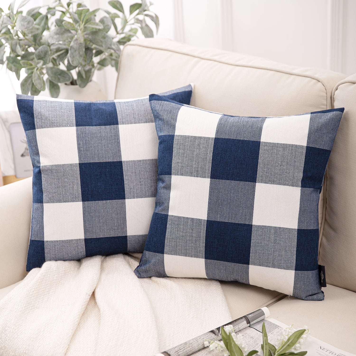 Phantoscope Christmas Decorative Buffalo Checker Plaids Series Throw Pillow Covers, 18" x 18", Blue and White, 2 Pack