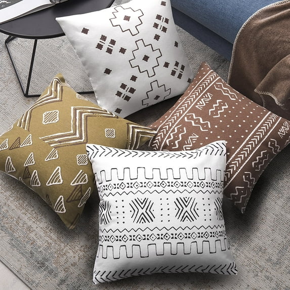 Holiday Deal Selection Phantoscope Geometric 100% Cotton Series Decorative Throw Pillow Cover, 18" x 18", White/Brown, 4 Pack