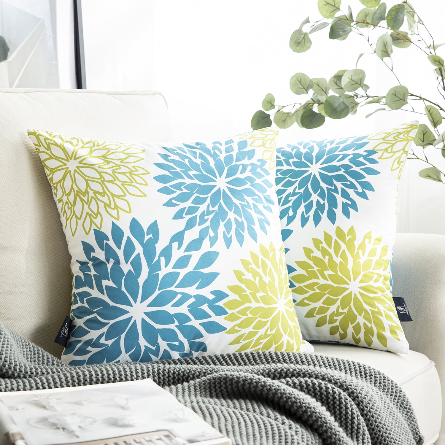 Holiday Deal Selection Phantoscope New Living Series Single-sided Printing Decorative Throw Pillow Cover, 18" x18 ", Blue Green Flower,2 Pack