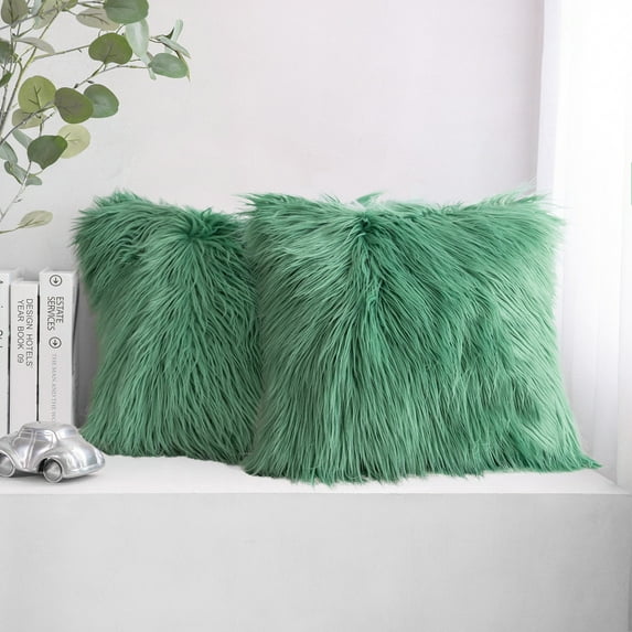 Phantoscope Faux Fur Series Decorative Throw Pillow Cover of Plush, Cusion for Sofa Couch, 20" x 20", Green, 2 Pack