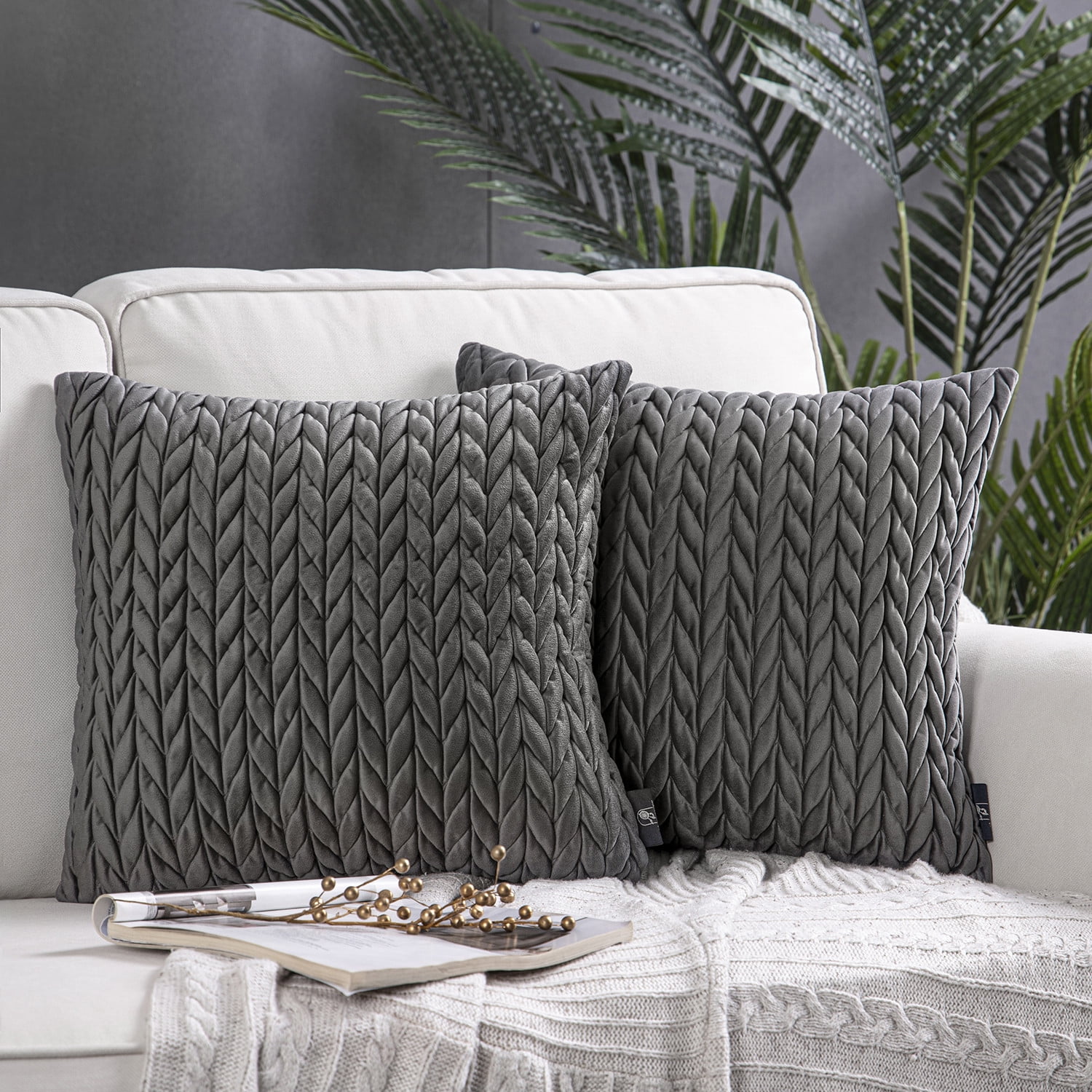 Holiday Deal Selection Phantoscope Quilted Velvet Braid Textured Pleated Decorative Throw Pillow Cover for Bed and Couch, 18" x 18", Dark Gray, 2 Pack