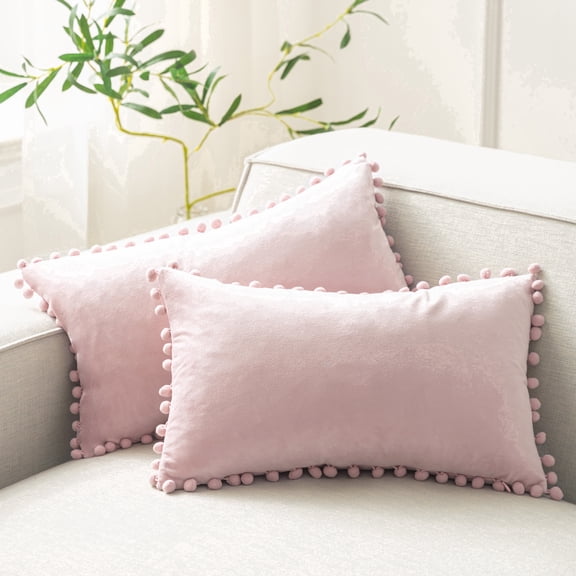 Phantoscope Light Pink Throw Pillow Covers 2 Pack, 12" x 20" Velvet Decorative Pillow Cases with Pom Poms, Soft Square Cushion Covers for Couch Sofa Bed