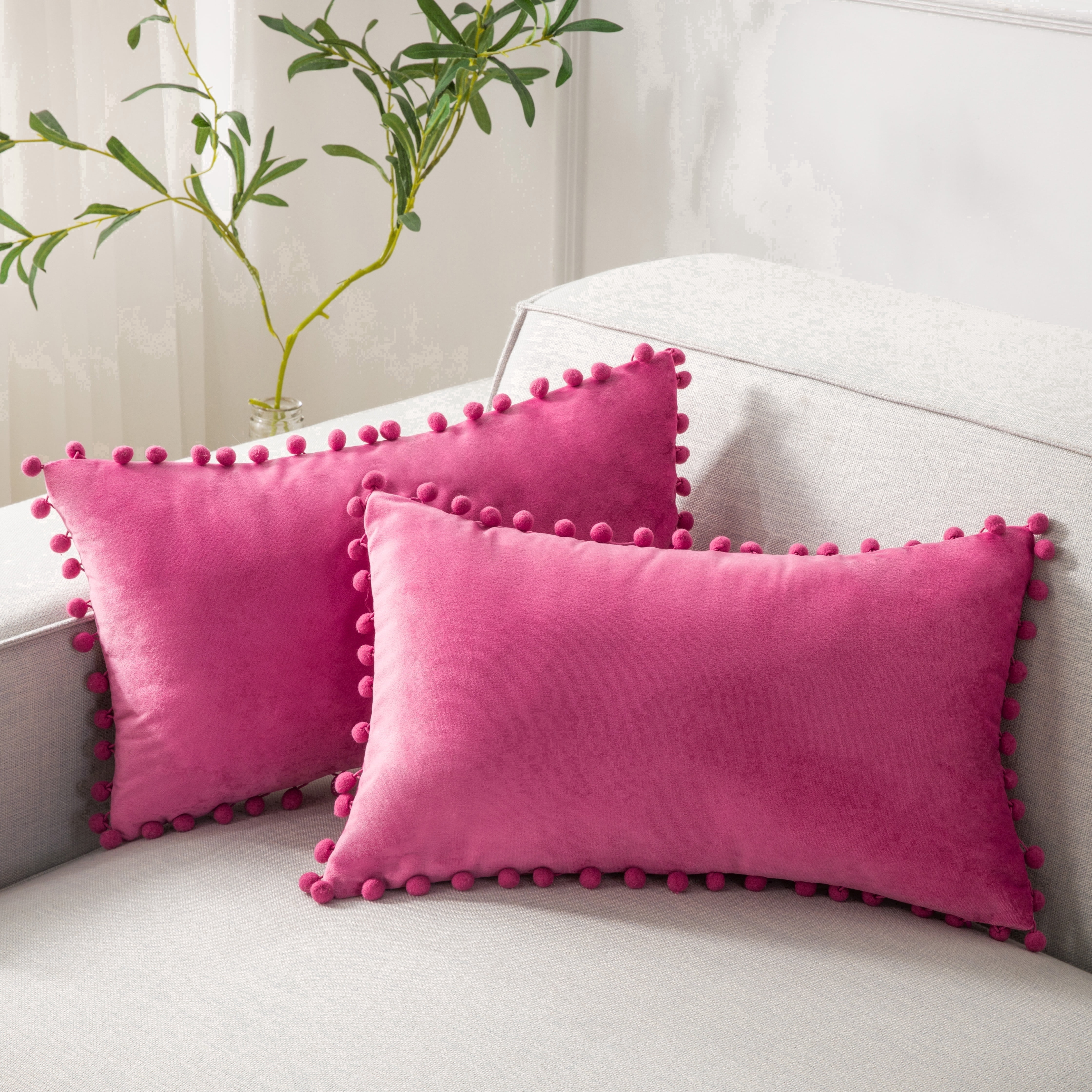 Phantoscope Pink Throw Pillow Covers 2 Pack, 12" x 20" Velvet Decorative Pillow Cases with Pom Poms, Soft Square Cushion Covers for Couch Sofa Bed