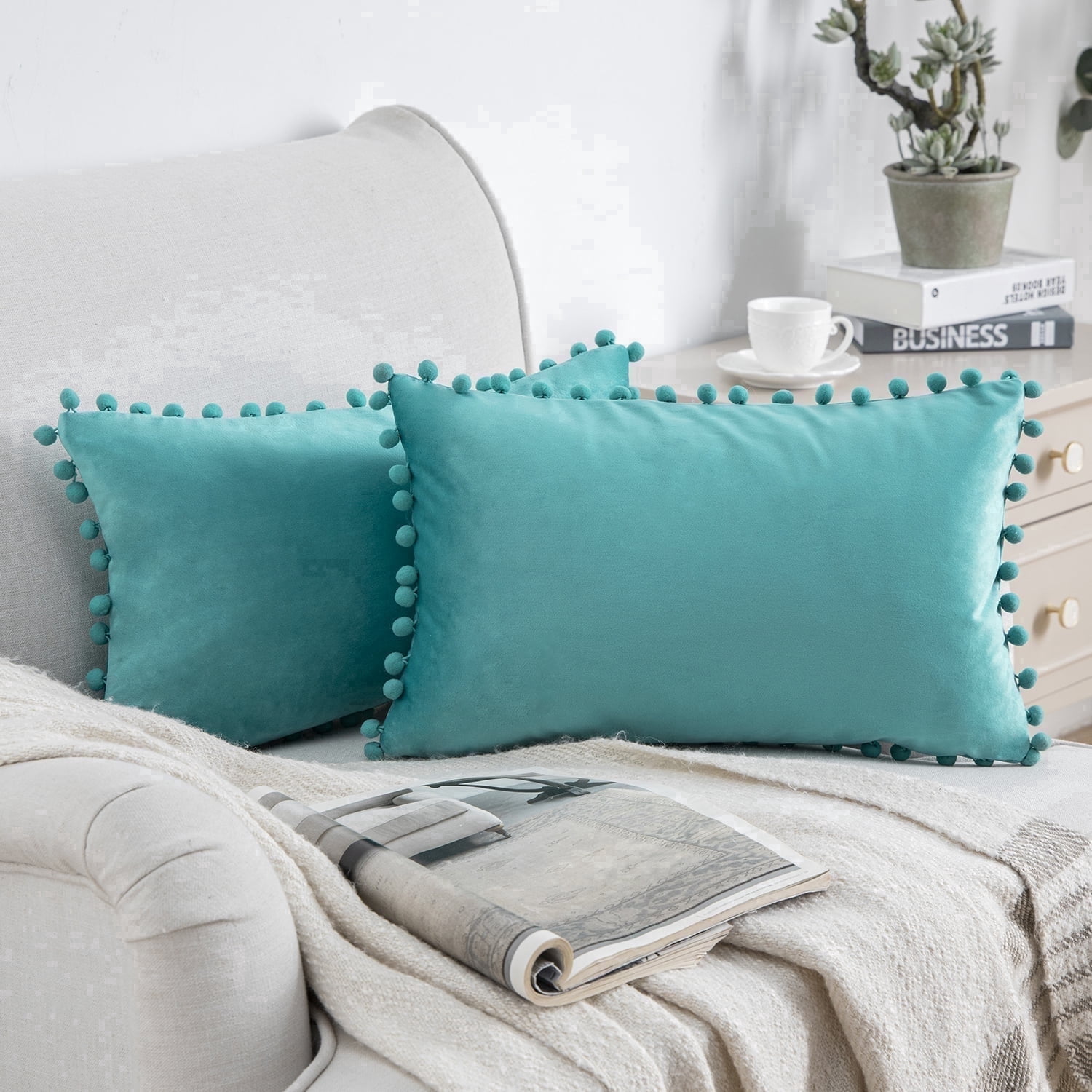 Phantoscope Turquoise Throw Pillow Covers 2 Pack, 12" x 20" Velvet Decorative Pillow Cases with Pom Poms, Soft Square Cushion Covers for Couch Sofa Bed