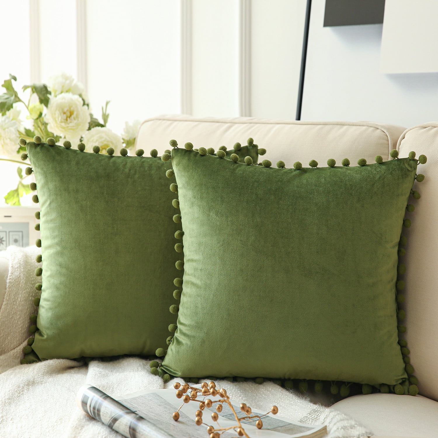Holiday Deal Selection Phantoscope Silky Velvet Pom Pom Decorative Throw Pillow Cover for Bed and Couch, 18" x 18", Green, 2 Pack