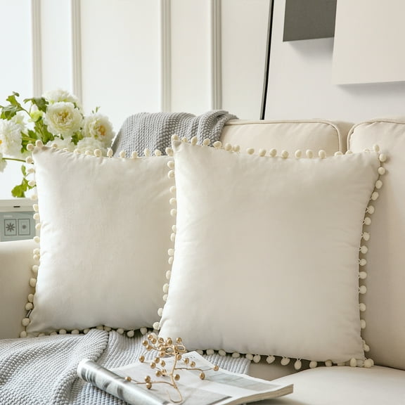 Holiday Deal Selection Phantoscope Silky Velvet Pom Pom Decorative Throw Pillow Cover for Bed and Couch, 18" x 18", Off White, 2 Pack