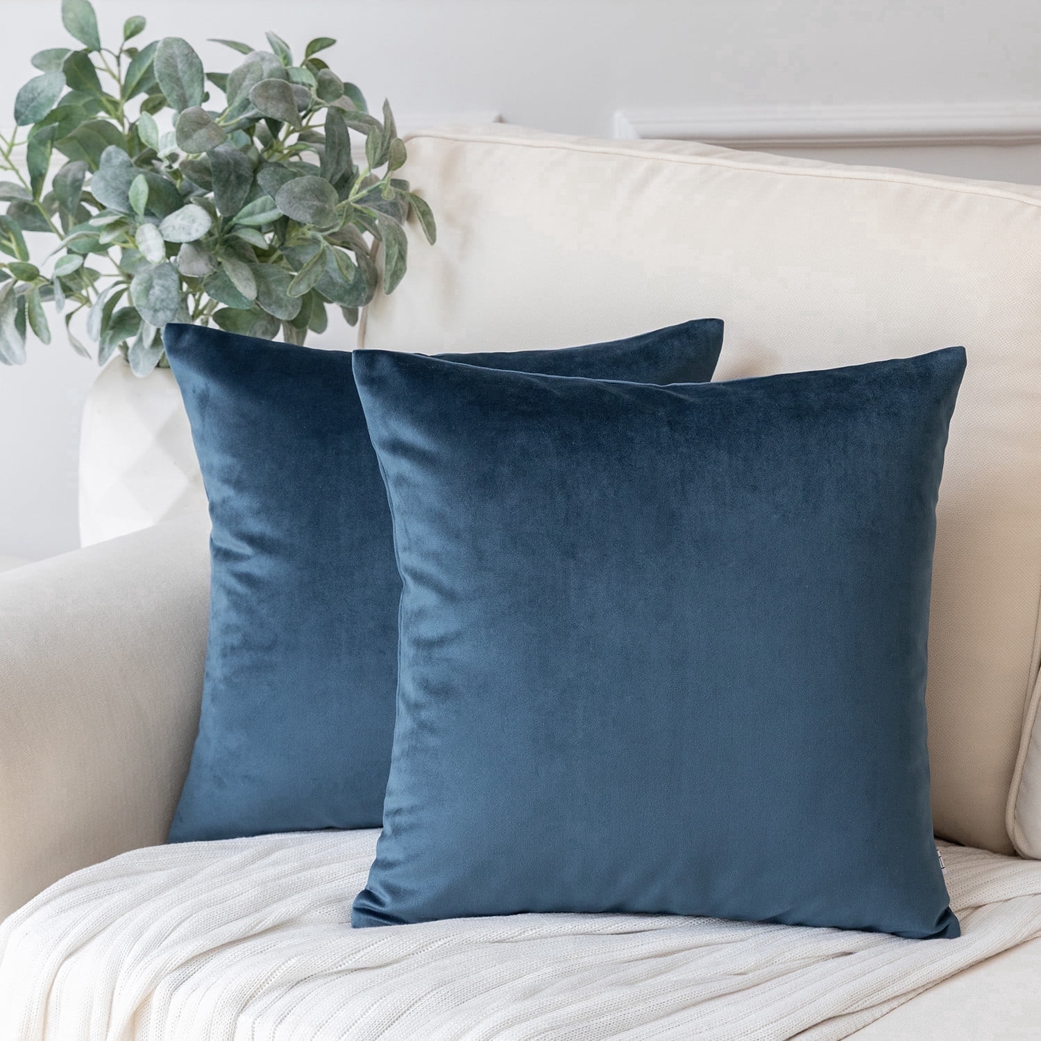Phantoscope Soft Silky Velvet Decorative Throw Pillow Cover, 22" x 22", Dark Blue, 2 Pack
