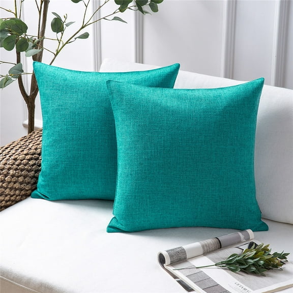 Textural Faux Linen Series Square Decorative Throw Pillow Cover for Couch, 18" x 18", Lake Blue, 2 Pack