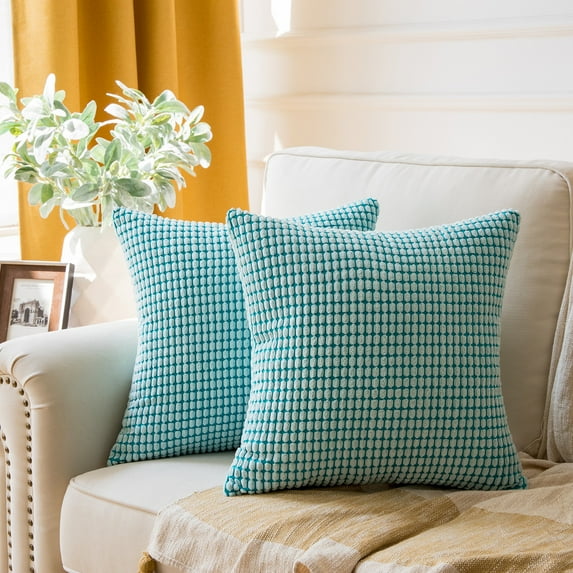 Holiday Deal Selection Soft Corduroy Corn Striped Velvet Decorative Throw Pillow Cover for Bed and Couch, 18" x 18", Water Blue, 2 Pack