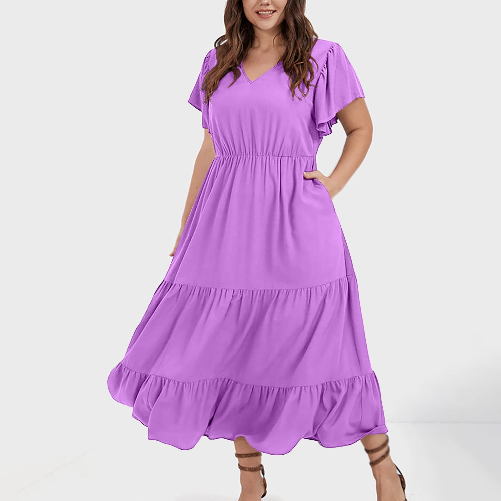 Holiday Deals 2023 Loopsun Womens Summer Dresses Casual V Neck Short Sleeve Solid Plus Size Midi Dress with Pockets Purple