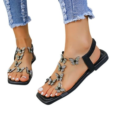 Holiday Deals 2024! Itsun Casual Sandals for Women,Women's Summer New Large Size Rhinestone Flat Transparent One-line Strap Sandals Black