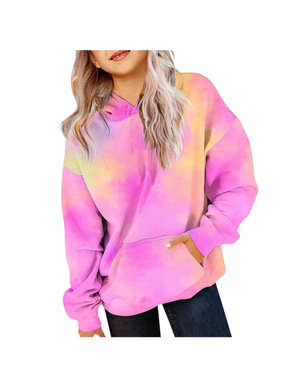 Holiday Outfits AJTQTH Children Hoodie Tops Casual Tie Dye Gradient Print Long Sleeve Hooded Pullover Sweatshirts Loose Lightweight Comfy Outwear Coat with Pockets Pink 5-6 Years