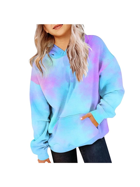 Holiday Outfits AJTQTH Children Hoodie Tops Casual Tie Dye Gradient Print Long Sleeve Hooded Pullover Sweatshirts Loose Lightweight Comfy Outwear Coat with Pockets Blue 5-6 Years