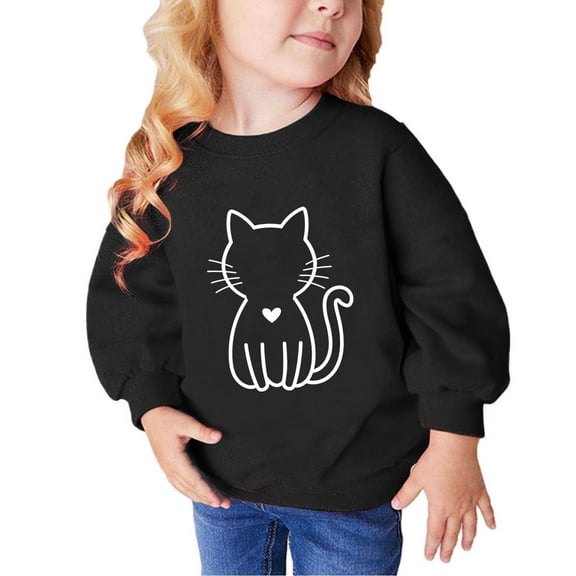 Holiday Outfits AJTQTH Kids Girls Long Sleeve Lovely Cat Pattern Print Sweatshirts Casual Round Neck Graphic Pullover Tops Loose Lightweight Comfy T-Shirts Black 5-6 Years