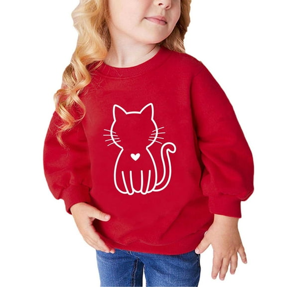 Holiday Outfits AJTQTH Kids Girls Long Sleeve Lovely Cat Pattern Print Sweatshirts Casual Round Neck Graphic Pullover Tops Loose Lightweight Comfy T-Shirts Red 2-3 Years