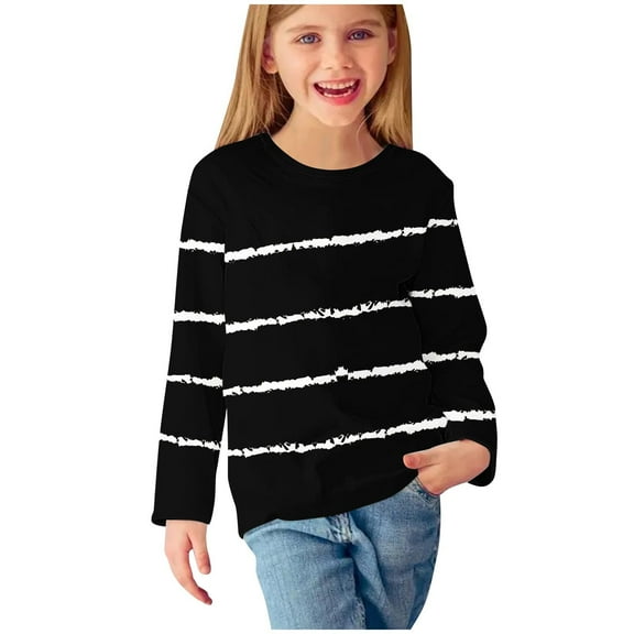 Holiday Outfits AJTQTH Lovely Girls Long Sleeve Crewneck Striped Shirts Kids Casual Graphic Pullover Tops Loose Lightweight Relaxed Fit Cotton T-Shirts Black 13-14 Years